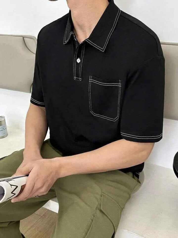 Black Polo T-shirt With White Contrast Topstitching