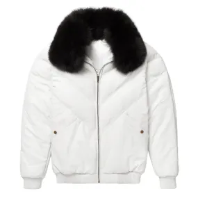 Mens White Leather V Bomber Jacket With Black Fur Collar