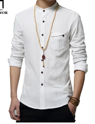 MIACAWOR Cotton Linen Men Shirt
