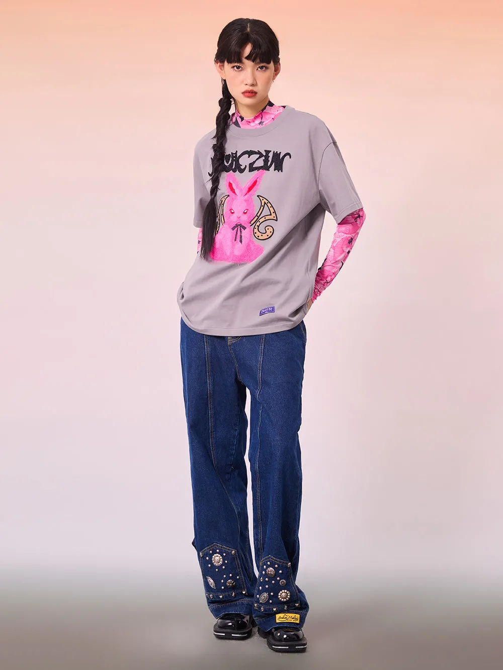 MUKZIN Cartoon Gray Loose Casual T-shirts