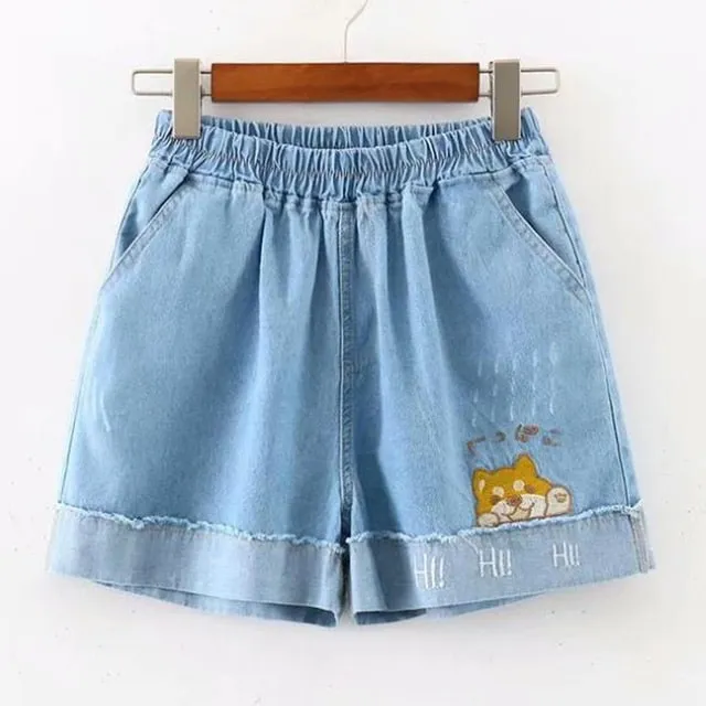 Rabbit Embroidery Vintage Denim Shorts