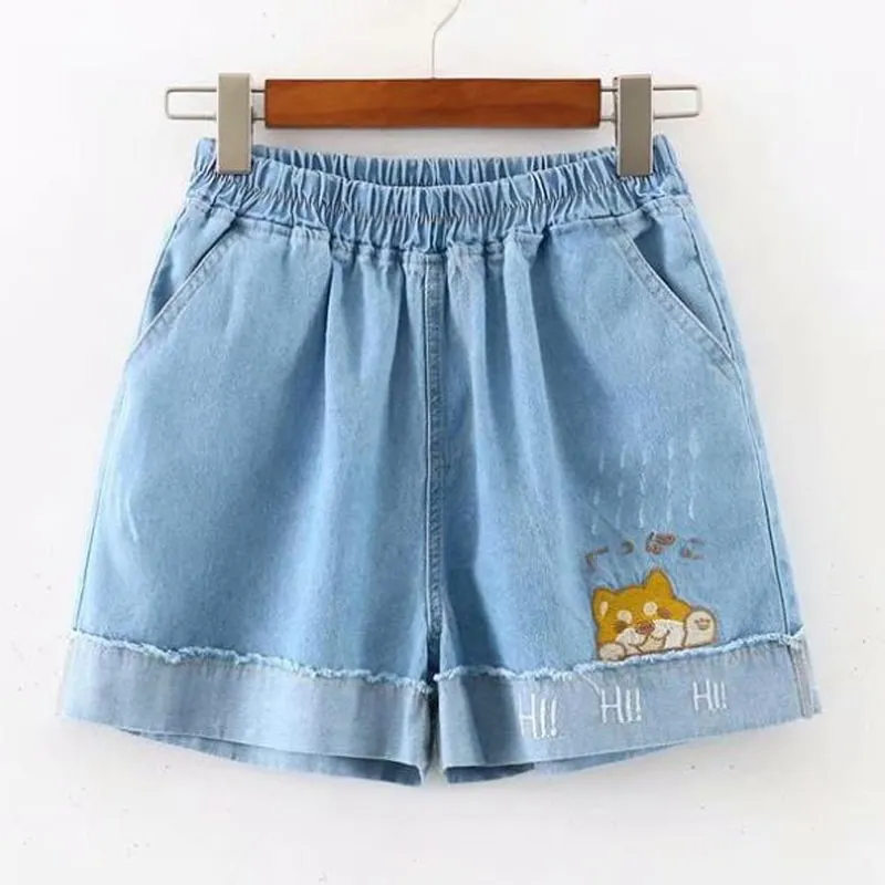 Rabbit Embroidery Vintage Denim Shorts