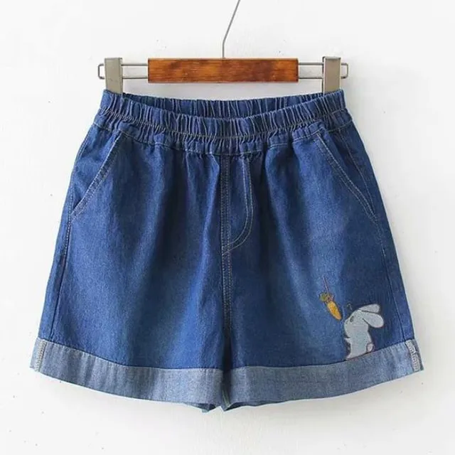 Rabbit Embroidery Vintage Denim Shorts